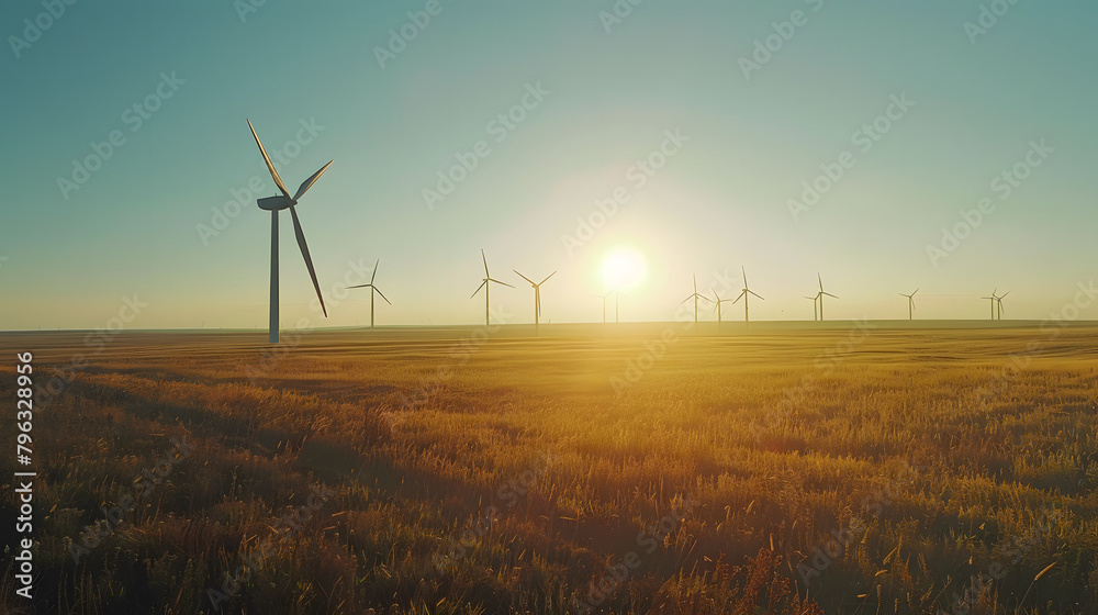 Obraz premium Sunrise over a serene wind farm, with turbines generating renewable energy amidst a vast, tranquil field