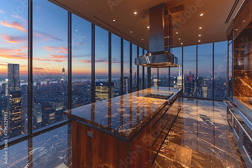 A spacious kitchen with floor-to-ceiling windows and views of the city. © Muhammd