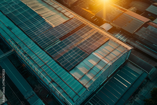 Sunlight shining down on a warehouse rooftop equipped with solar panels, supporting renewable energy initiatives.
