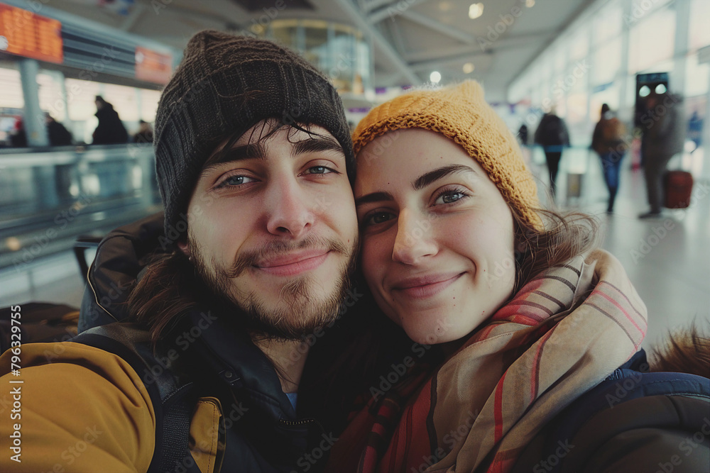 Generative AI composition image of traveling concept young person woman man at airport bus railway station