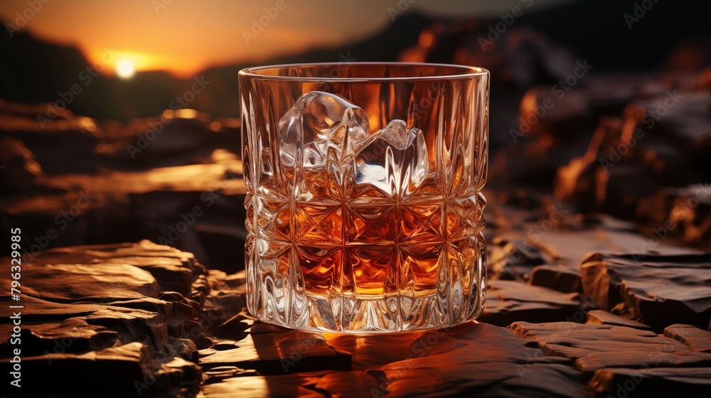 An Elegant Glass of Whiskey On the Rocks Against a Dramatic Sunset Backdrop An Elegant Glass of Whiskey On the Rocks Against a Dramatic Sunset Backdrop