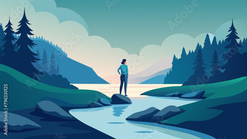 Standing on a mosscovered rock in the middle of a meandering stream a person embraces a mindful moment in nature. With their eyes closed and a
