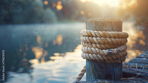 Rustic rope tied to wooden post with serene lake background photo