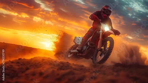 Dramatic Sky Sets Scene as Motocross Rider Drifts on Dirt Track  Kicking Up Dust. Concept Motocross  Dramatic Sky  Dirt Track  Outdoor Action  Dust Clouds