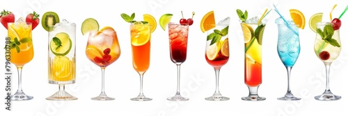 Set and collection of classic alcohol cocktails or mocktails isolated on white background with fresh summer fruits