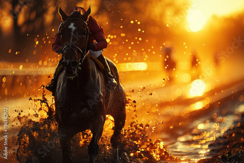  Horses and jockeys racing in the race, vibrant and dynamic, horse races background, horse riding competition, action photography. Created with Ai © Visual