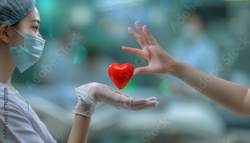 Heart transplant and organ donation concept. Hand is giving red heart.generative ai photo