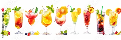 Set and collection of classic alcohol cocktails or mocktails isolated on white background with fresh summer fruits