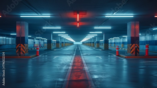 Empty parking entrance with striped barriers under cool white lights at twilight