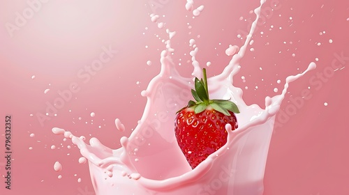 pink Milk splash with strawberries isolated on pink background