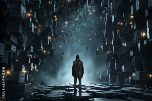 A man standing in a dark mystic space with lots of cubes and lights around, in the style of surrealism