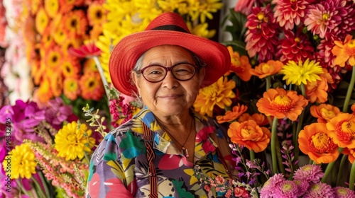 A portrait of a florist standing proudly in front of a dazzling array of vibrant flowers their colorful outfit perfectly complementing the rainbow of blooms behind them. .