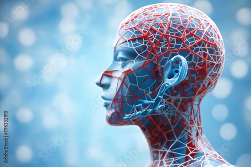 human head with a frame made of a grid of red and white fibers, digital art, the concept of biotechnology of the future
