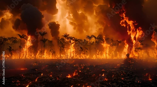 Wildfire raging in tropical forest with dark smoke filling the sky.