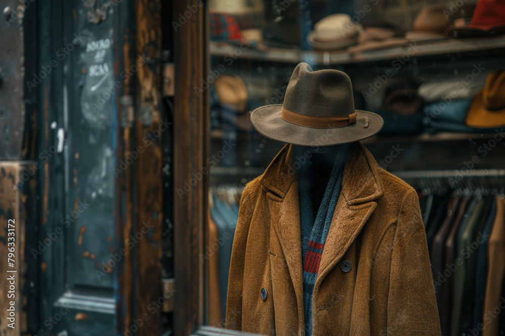 Generate an image of a rack with different stylish clothes and a male hat near a mirror in a dressing room, capturing the reflection in the mirror to create a sense of depth and space.