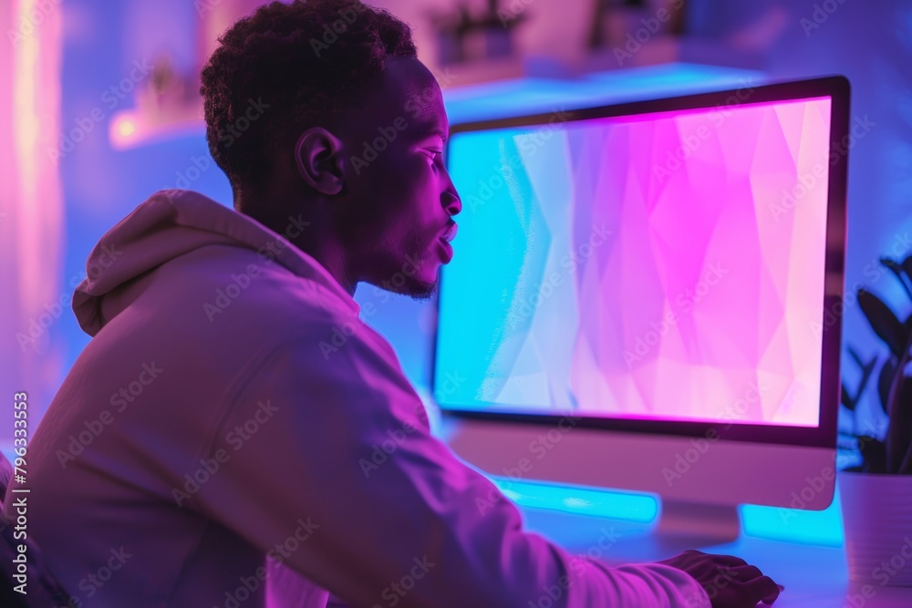 App mockup afro-american man in his 20s in front of a computer with a fully neon screen App mockup afro-american man in his 20s in front of a computer with a fully neon screen
