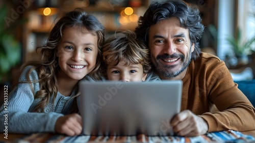 Latin parents and kids happily watching online entertainment on laptop together. Concept Family Time, Technology Use, Hispanic Culture, Online Entertainment, Bonding Moments