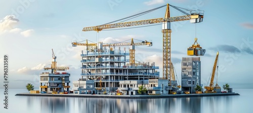 Fototapeta Naklejka Na Ścianę i Meble -  3D model construction of building structure and tower crane. Generative AI technology.	
