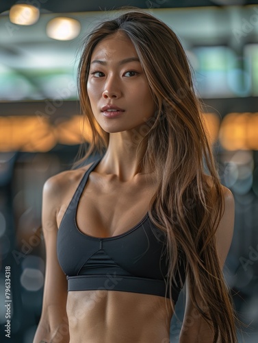 Gym Perfection Long Hair Asian Fitness Model at Gym