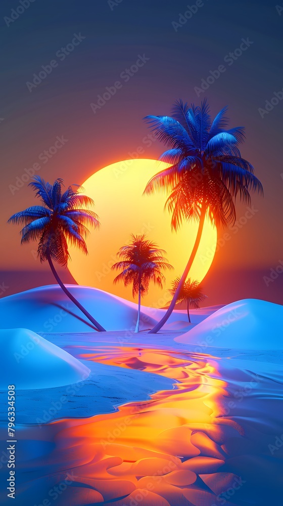 Synthwave 80's beach background. 1980's retro glowing neon light background with sun and beach skyline