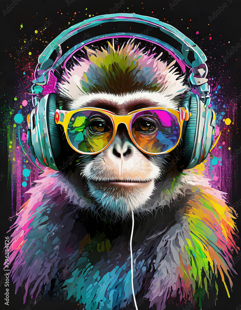 A monkey wearing sunglasses and headphone ,graffiti art , 