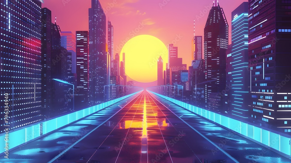Fototapeta premium Synthwave 80's background. 1980's retro glowing neon light background with sun and city skyline.