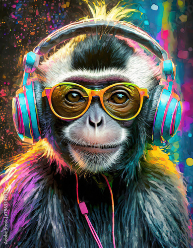 A monkey wearing sunglasses and headphone ,graffiti art , 
