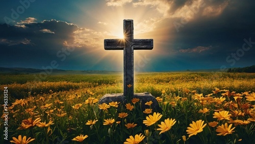 Colorful illustration of holy cross standing in the middle of field meadow surrounded by yellow flowers. Christian faith symbol background wallpaper.