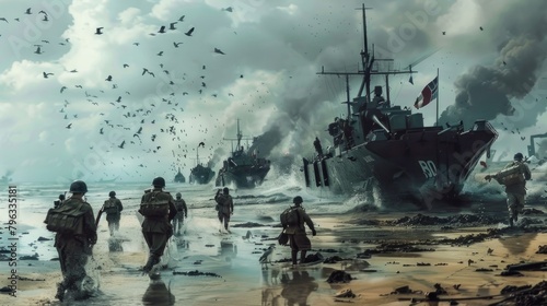 D-Day Normandy Invasion concept art with soldiers landing on beach and warships in background