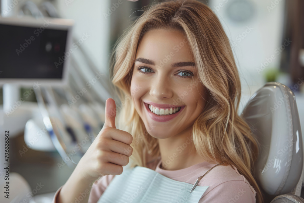 Cheerful patient sits in dentist chair and gives thumbs up. Satisfaction during successful dental procedure or consultation