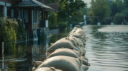 Stacked sandbags for flood defense beside a water body. photo