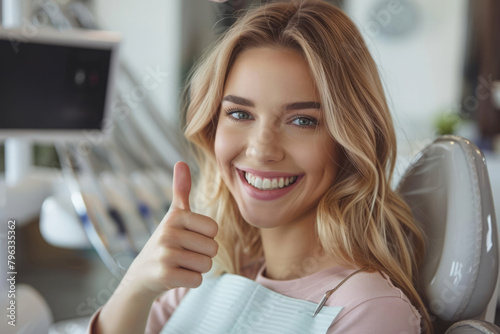 Obraz na płótnie Cheerful patient sits in dentist chair and gives thumbs up. Satisfaction during successful dental procedure or consultation w salonie
