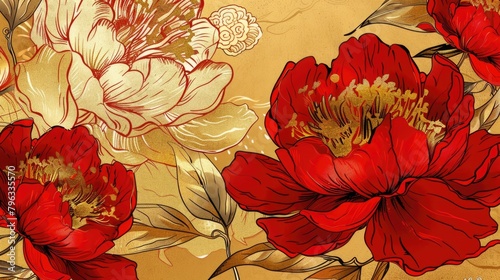 Elegant Red Peony Illustration with Delicate Golden Outlines