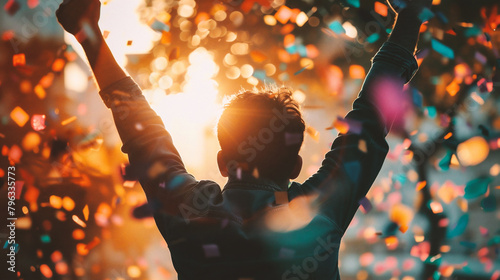 Happy young man raising hands in the air with confetti at sunset photo