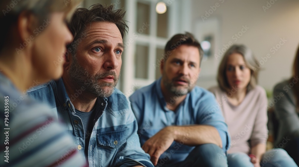 Concerned Middle-Aged Man with Friends in a Support Group Meeting