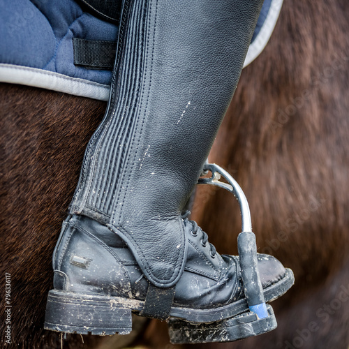 Close up of a dirty riding boot