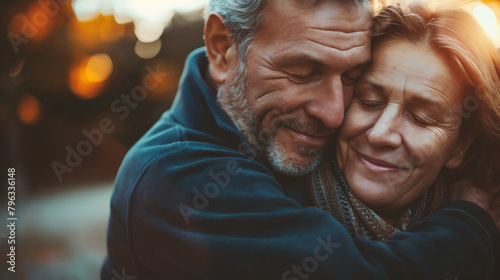 Portrait of senior couple embracing in the park. photo