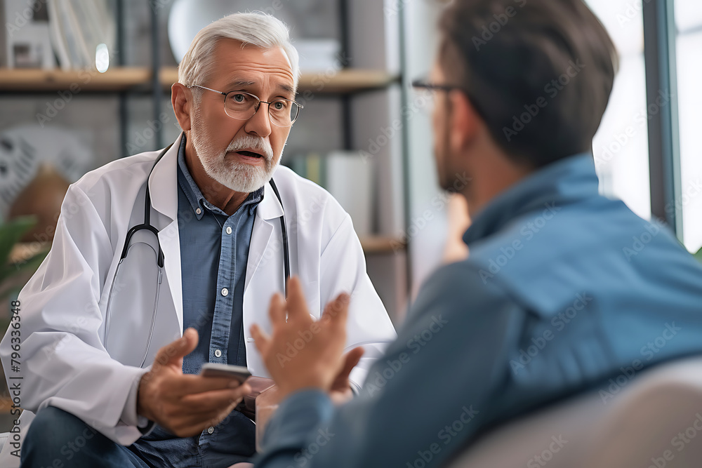 Fototapeta premium Senior doctor with a stethoscope giving medical advice to a male patient during a consultation in a clinic office. Generative AI