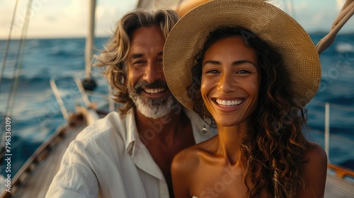 Smiling Couple Enjoying a Yacht Ride at Sunset © Julia Jones