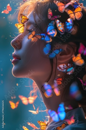 Serene Woman amidst Fluttering Monarch Butterflies. National Mental Health Awareness