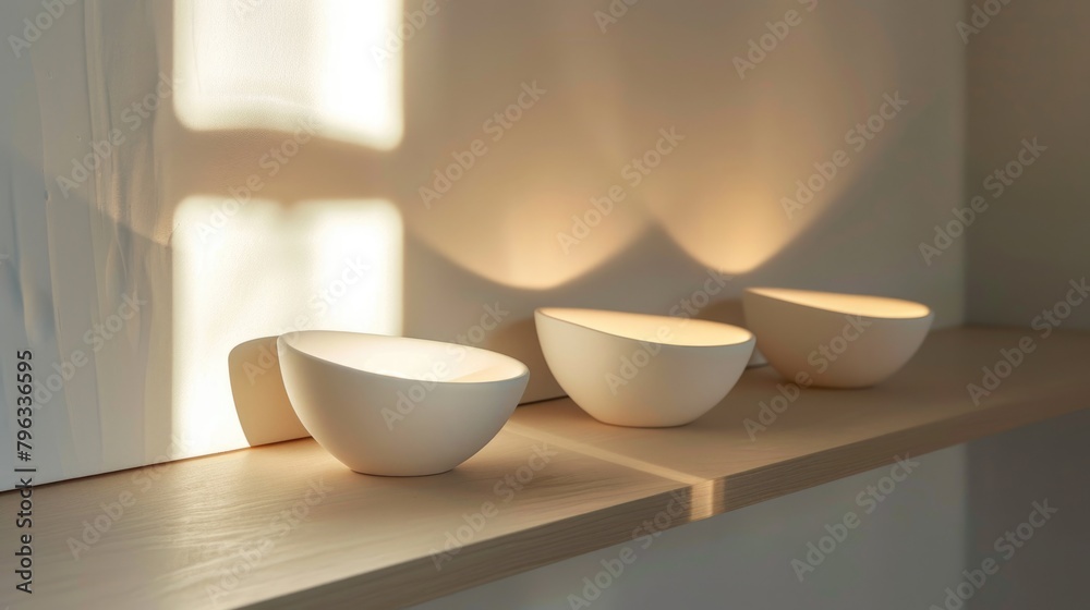 Serene Morning Light on White Ceramic Bowls on a Shelf