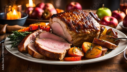 Pork roast served with baked apples and roasted vegetables, traditional sunday lunch dinner meal
