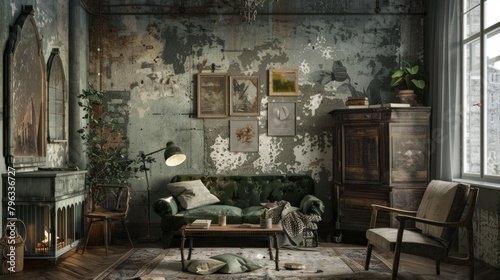 Vintage room with distressed walls and antique furniture. © Julia Jones