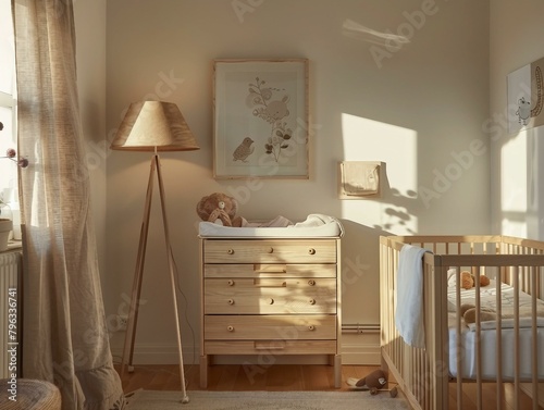 A gender-neutral Scandinavian nursery at dusk the room photo