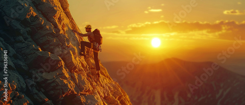 A silhouette of a man climbing on a steep cliff at sunset in the mountains. The climber wearing light rock climbing clothes. Concept of achieving goals.