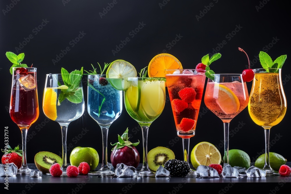 Set and collection of classic alcohol cocktails or mocktails isolated on black background with fresh summer fruits Set and collection of classic alcohol cocktails or mocktails isolated on black background with fresh summer fruits