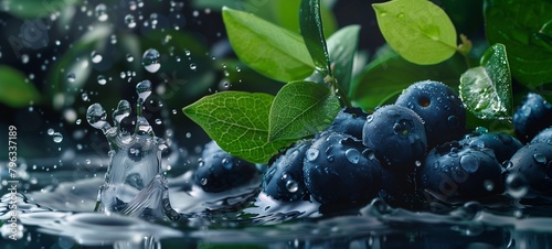 Fresh blueberries with water splashes. Juicy berries with vibrant green leaves and dynamic water droplets, ideal for healthy food advertising.