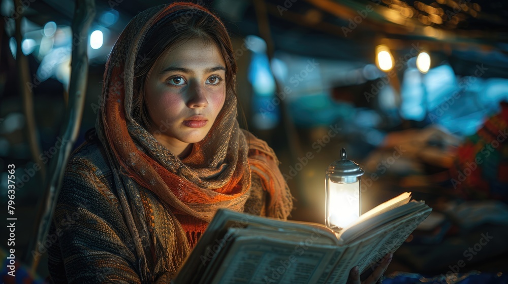 Young Middle Eastern Girl Studying at Home. World Refugee Day
