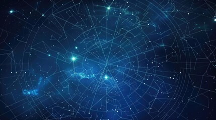 Zodiac signs and constellations in a cosmic sky. Astrology theme digital illustration with star map