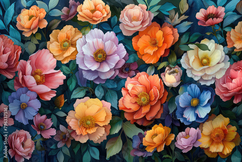 A painting of vibrant flowers, roses and ranunculus in various colors with eucalyptus leaves. Created with Ai